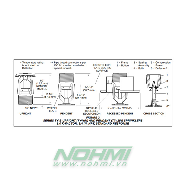 TY323 Đầu phun Sprinkler Tyco hướng xuống, Đầu phun sprinkler Tyco-UL