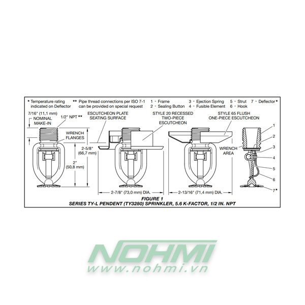 TY3280 Đầu phun Sprinkler Tyco hướng xuống, Đầu phun sprinkler Tyco